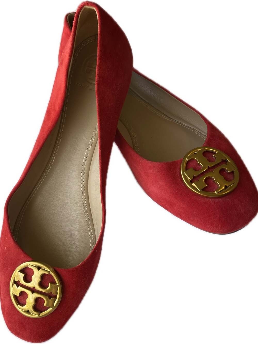 Tory Burch Red Suede Logo Medallion Flats